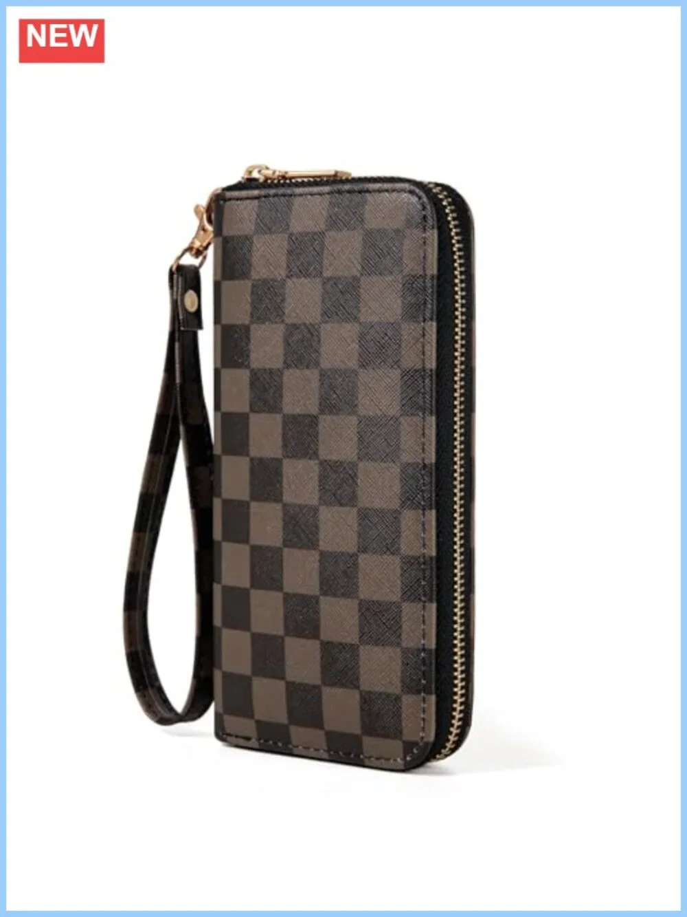 Checkered Print Faux Leather Zip Around Wristlet Wallet with Card Slots